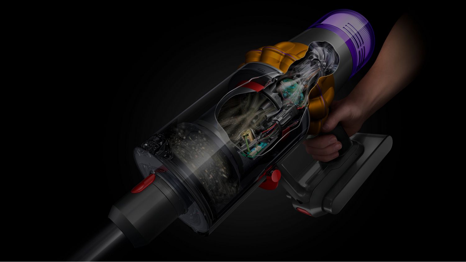 A close up of the Dyson V12 Detect Slim vacuums bin